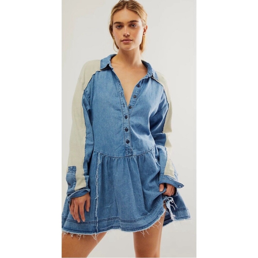 Denim Dress by Free People, Lightwash denim with waffle fabric sleeves